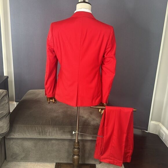 Men’s Red Slim Fit 2 Piece Prom Party Formal Suit Size 36 Jacket 32 Pants NEW - Picture 4 of 15